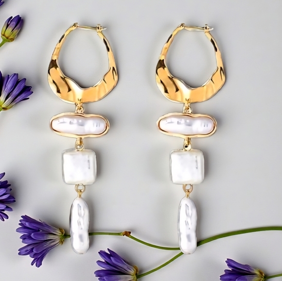 🆕️Gold Pearl Drop Earrings, Statement Dangle Earrings, Boho Chic Bridal Jewelry - Picture 9 of 13